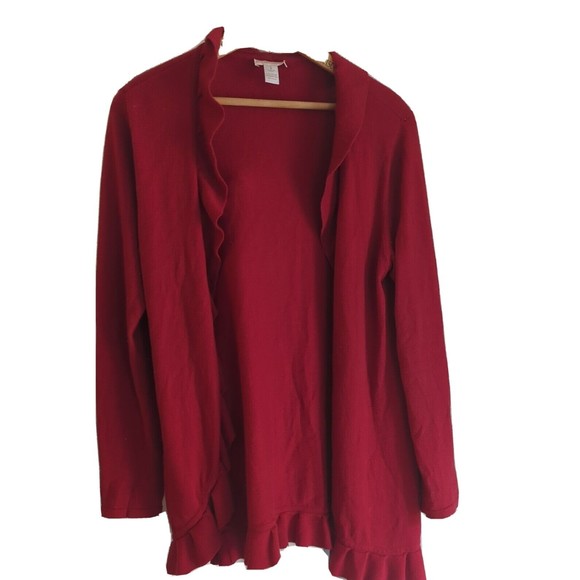 Chico's Women's Long Sleeve Top Size 1 Red Ruffle Open Wrap Drape Shawl Stretch - Picture 1 of 8